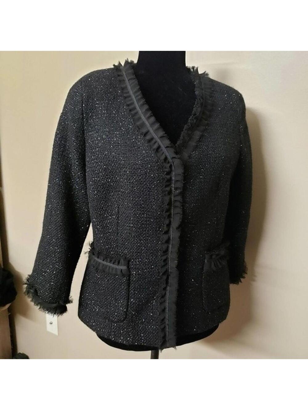 Talbots Black Tweed Sparkle Fringe Blazer Jacket 8 Wool Blend LKNW